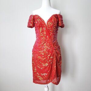 Vtg 90s Vicky Tiel Red Sequin Dress Sz 44 Paris Couture‎ Off Shoulder Cocktail